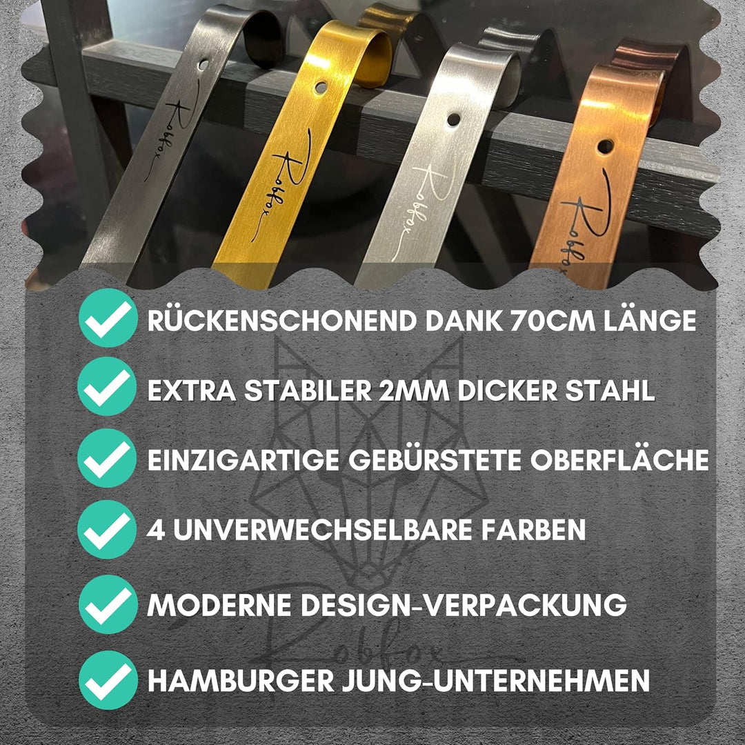 Robfox 70cm Schuhlöffel I extra stabiler Schuhanzieher aus gebürstetem Stahl I lange Schuhanziehhilf