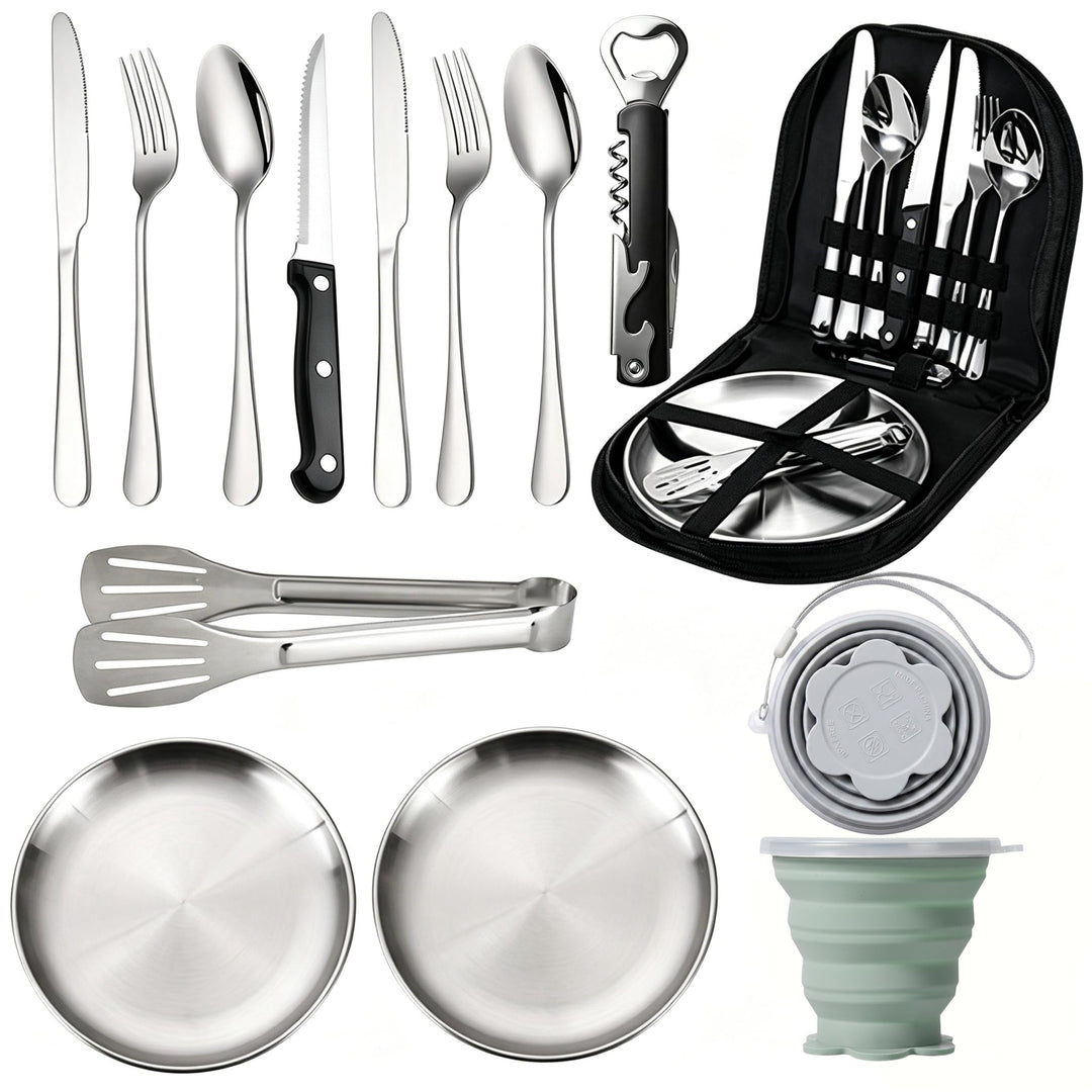 Camping Geschirr Set für 2 Personen 14-teilig Edelstahl Camping Bestecksatz | mit Tellern, Messern,