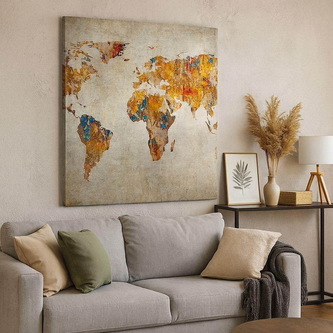 Bilder auf Leinwand Welt Karte Kontinente Geographie Leinwandbild 60x60cm Wandbilder Dekoration Wohn