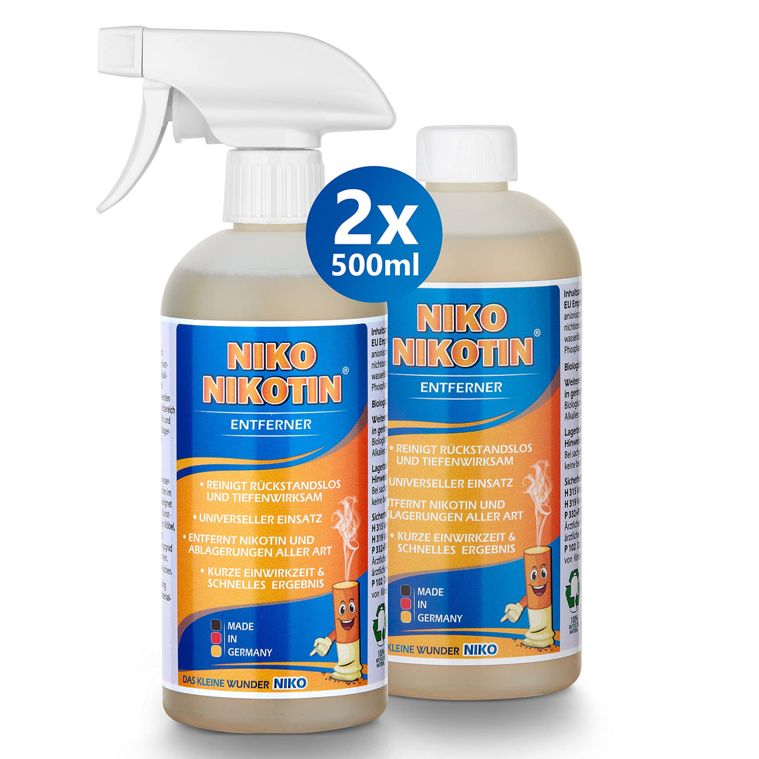 NIKO Nikotin® [2x500ml]: Leistungsstarker Nikotinentferner & Kunststoffreiniger in Sprühflasche. Wir