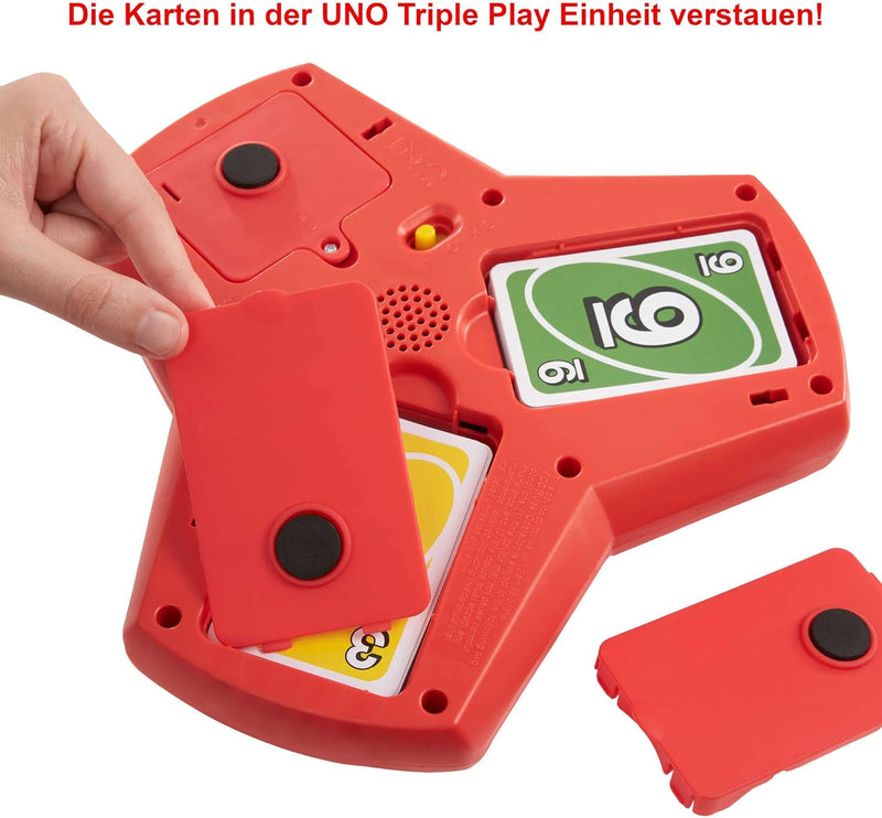 Mattel Games UNO Triple Play, Uno Kartenspiel für die Familie, mit Licht und Soundeffekten, Perfekt
