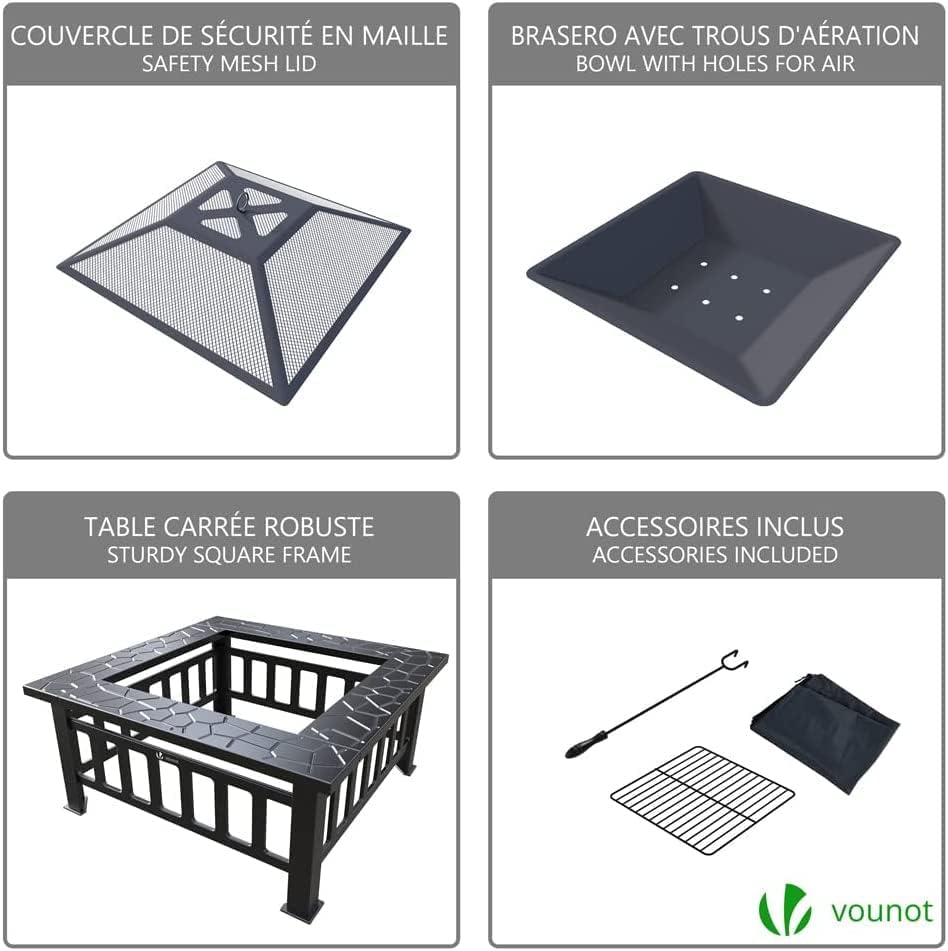VOUNOT Feuerschale mit Funkenschutz und Grillrost, Feuerstelle Feuerkorb für Garden Terrasse Heizung