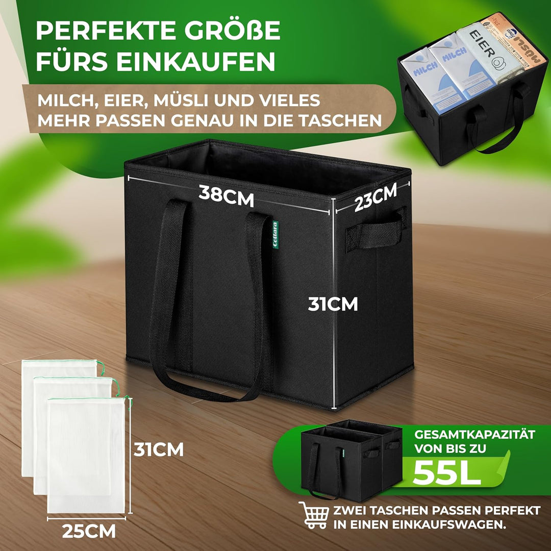 COTTARA® grosse Einkaufstasche faltbar 2er Pack & Obstnetz – stabiler grosser Einkaufskorb faltbar m