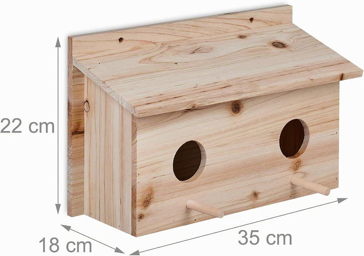 Relaxdays Nistkasten für Stare, natürliches Tannenholz, 2X Einflugloch 5 cm, Sitzstange, Vogelhaus z