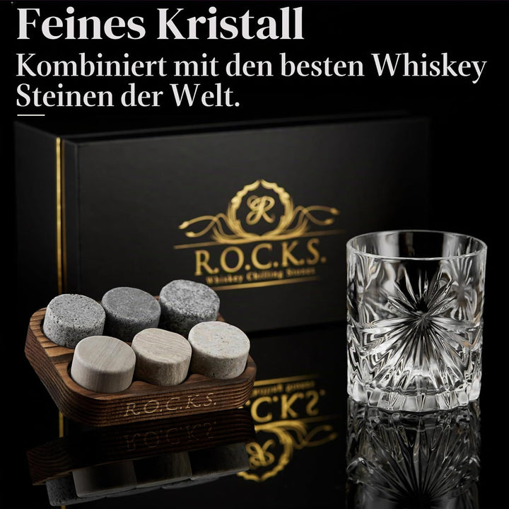 Whiskey Steine & Umweltfreundliches Kristall Whisky Glas Geschenkset - 6 Handgefertigte Runde Granit