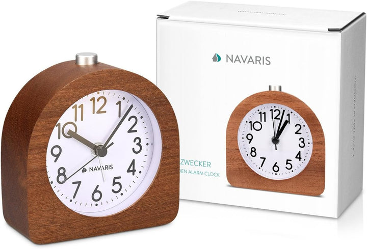 Navaris Analog Holz Wecker mit Snooze - Retro Uhr Halbrund mit Ziffernblatt Alarm Licht - Leise Tisc
