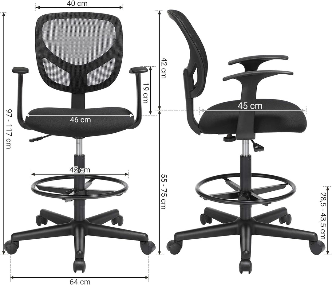 SONGMICS Arbeitsstuhl, Ergonomischer Bürostuhl mit Armlehnen, Sitzhöhe 55-75 cm, Hoher Drehstuhl mit