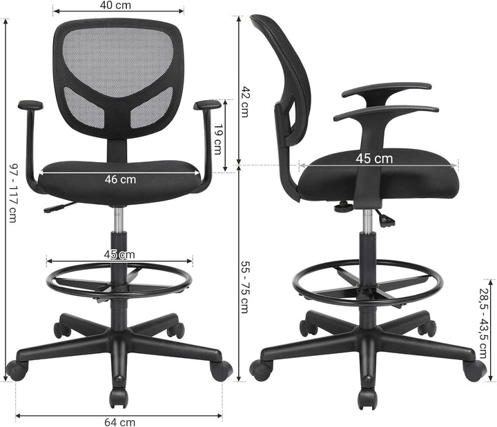 SONGMICS Arbeitsstuhl, Ergonomischer Bürostuhl mit Armlehnen, Sitzhöhe 55-75 cm, Hoher Drehstuhl mit