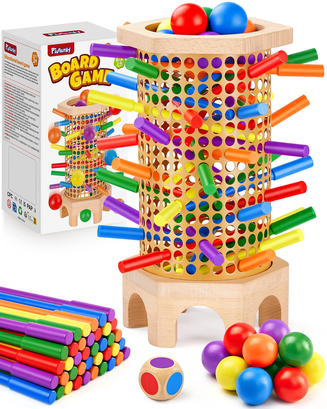 Montessori Spielzeug ab 3 4 5 6 Jahren - Holz Brettspiel mit bunten Antirutsch-Stäbchen, Ball & Würf