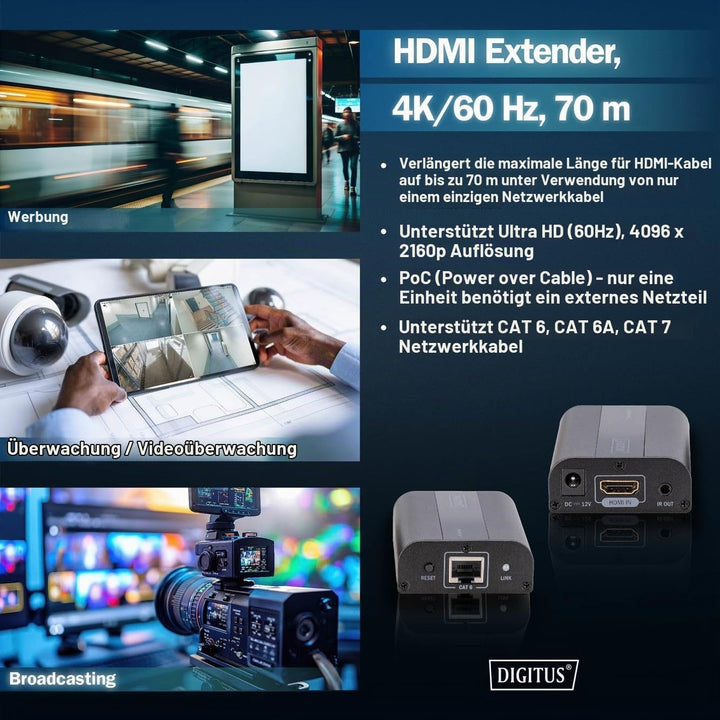 DIGITUS HDMI Extender - Ultra HD, 4K, 60Hz - Set (Sender/Empfänger) - bis zu 60 m Reichweite - Patch