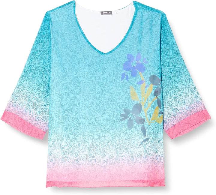 SAMOON Damen 271042-26210 T-Shirt, Cyan Gemustert, 56 Cyan Gemustert Westlich, Cyan Gemustert Westli