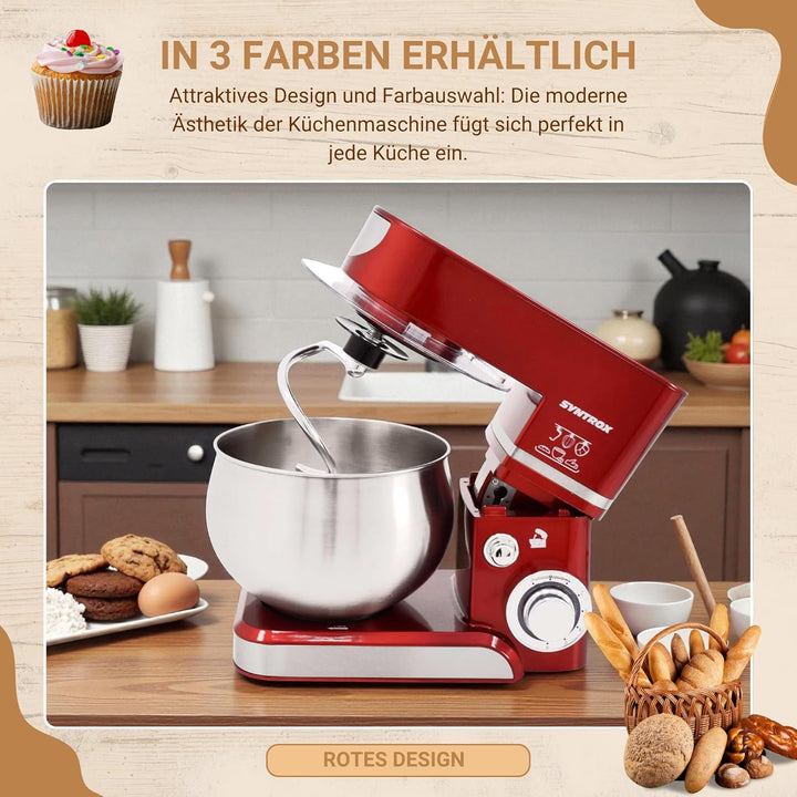 Syntrox Küchenmaschine & Knetmaschine Rot Basic 5 Liter, Stabile rutschfeste Gummifüsse, Hochwertige
