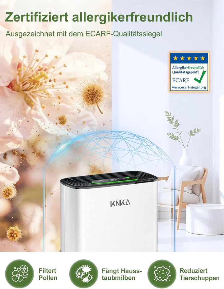 KNKA Luftreiniger Air Purifier HEPA Filter, CADR 300 m³/h, für Räume bis 80 m², entfernt 99,97% Stau