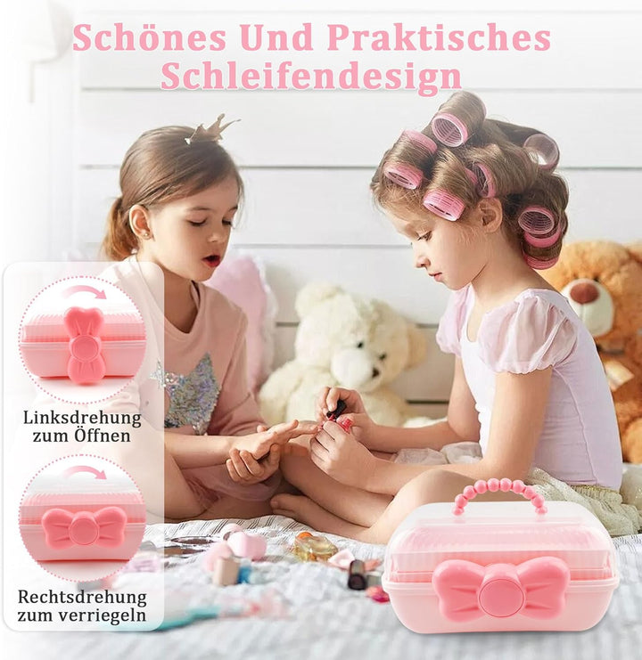 3 Etagen Schmuckbox Kinder, Haarschmuck Aufbewahrung rosa mit transparentem Deckel, 180 Grad Öffnung