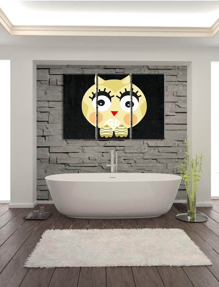 Pixxprint Hübsche gelbe überraschte Eule / 3-Teilig/Gesamtmass 120cm Leinwandbild bespannt auf Holzr
