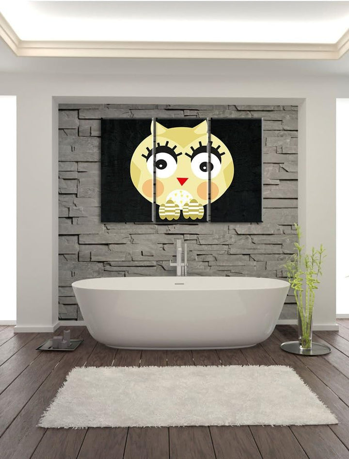 Pixxprint Hübsche gelbe überraschte Eule / 3-Teilig/Gesamtmass 120cm Leinwandbild bespannt auf Holzr