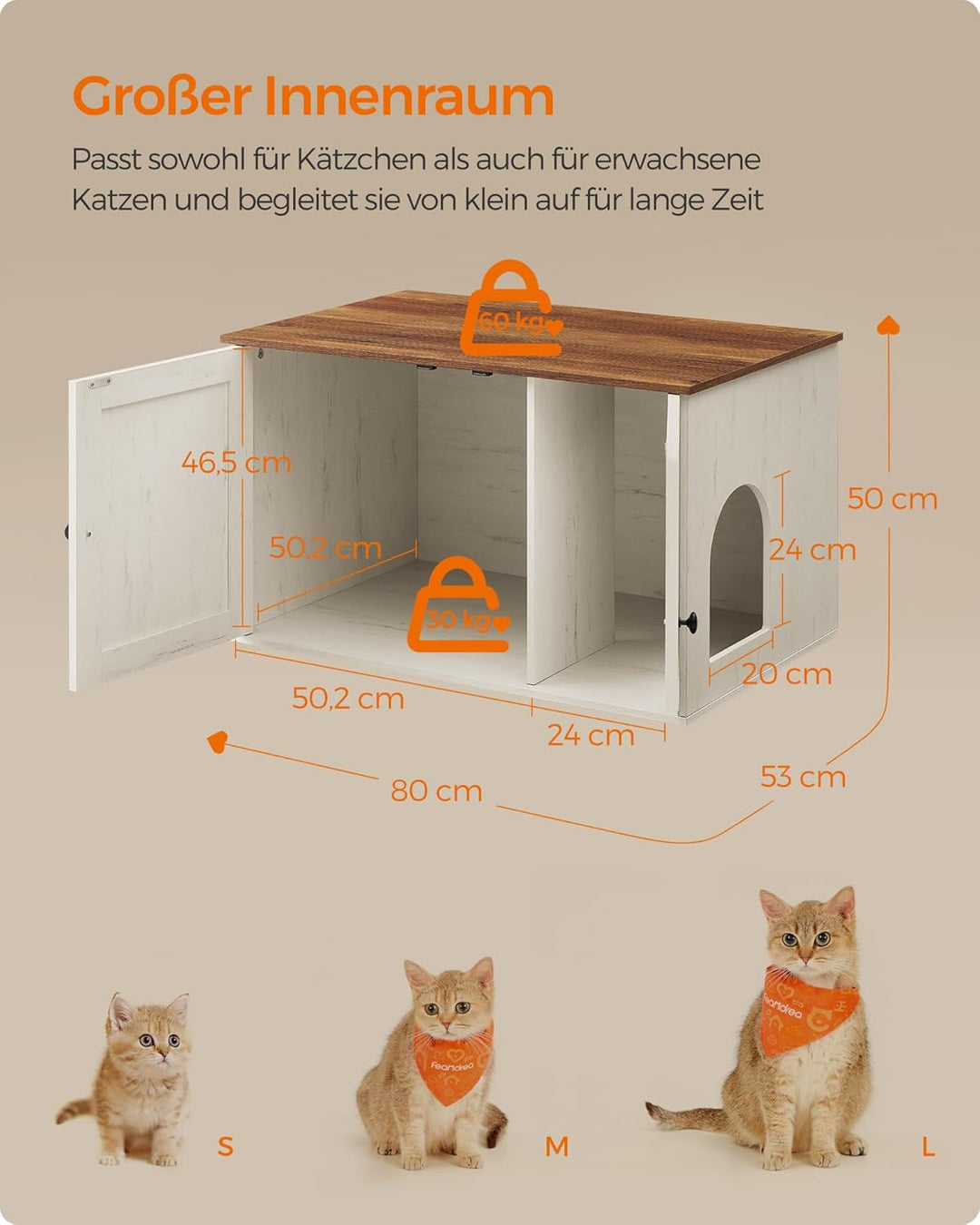 Feandrea Katzenhaus, Katzenklo-Schrank mit herausnehmbarer Trennwand, Tisch, 80 x 53 x 50 cm, honigb