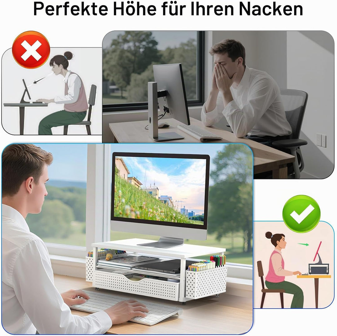 Monitorständer mit Schublade, Schreibtischorganizer und Zubehör, 2-stufiger Computer Monitor Erhöhun