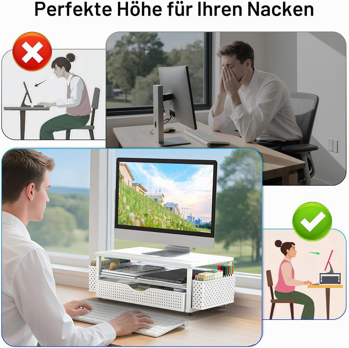 Monitorständer mit Schublade, Schreibtischorganizer und Zubehör, 2-stufiger Computer Monitor Erhöhun