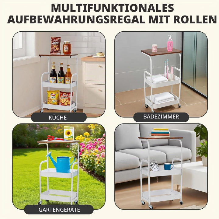 Yosamy Küchenwagen mit Rollen, 3 Ebenen Servierwagen, Rollwagen Küche mit Metallständer und Holztisc