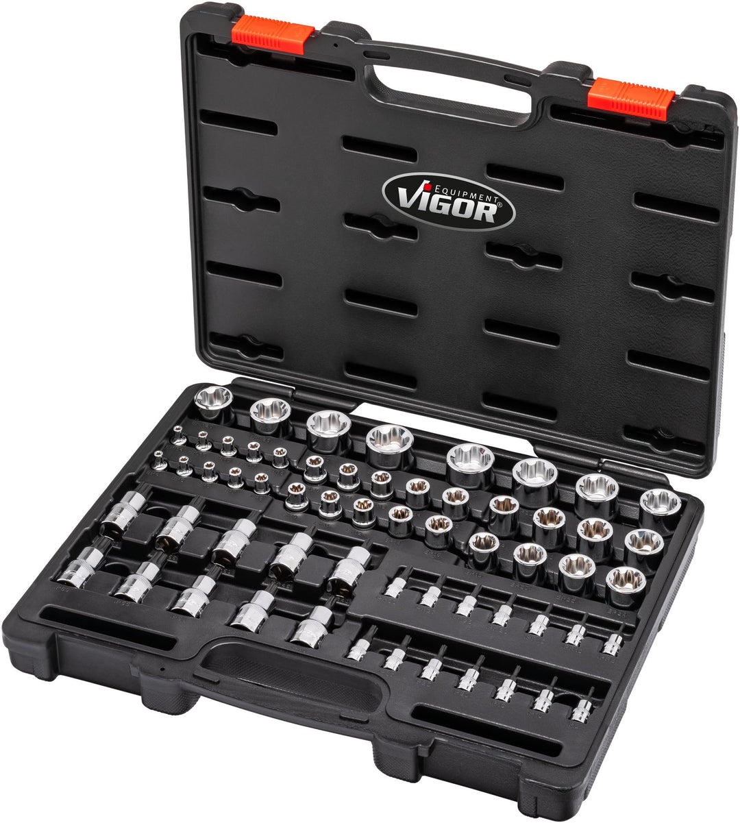 ViGOR T+ Steckschlüsseleinsatz Satz V7920N, 60 Werkzeuge, 1/4", 3/8", 1/2" Vierkant, E+ Profil, T+ P