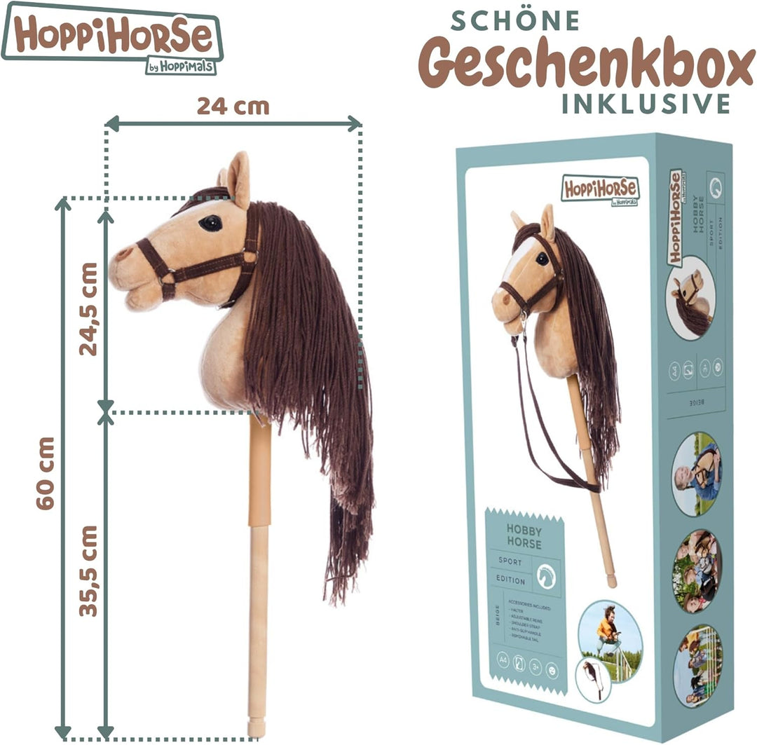 HOPPIHORSE Steckenpferd mit Trense - A4 - Hobby Horse mit Zügeln, Schultergurt, Schweif - hochwertig