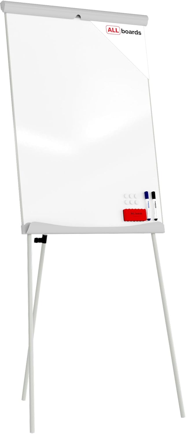 ALLboards Flipchart 100x70cm, Stativ, Dreibeinig, Höhenverstellbar, Whiteboard Magnettafel Magnetisc