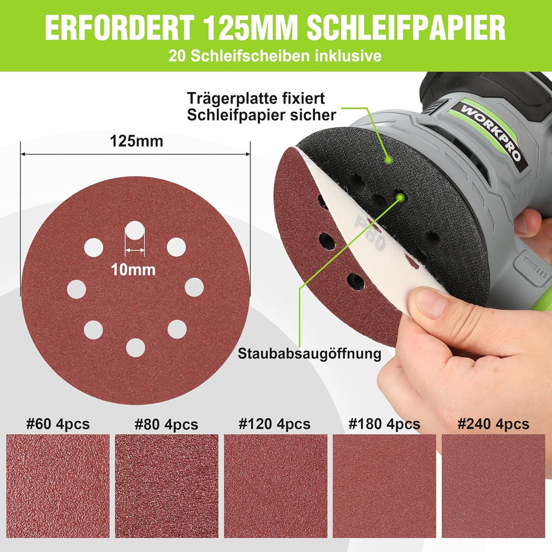 WORKPRO Exzenterschleifer 125mm, 300W Schleifmaschine 7000-13000 OPM, Multischleifer mit Absaugung u