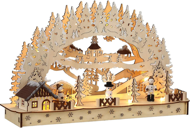 Monzana Schwibbogen XL LED Beleuchtet Holz Timer Batterie Winterdorf Weihnachten Deko Beleuchtung Li