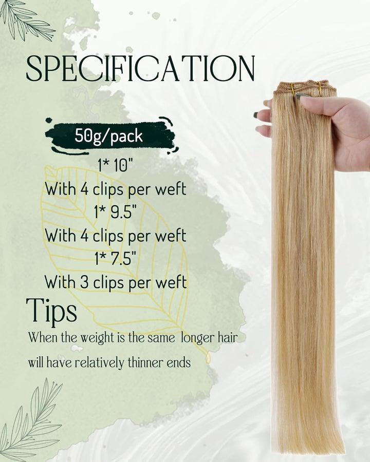 RUNATURE Remy Clip Extensions Echthaar Highlighted Blond 35cm Clip Echthaar Haarverlängerung Unsicht