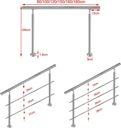 NAIZY Edelstahl-Handlauf Geländer Treppengeländer mit 2 Pfosten für Balkon Treppen Innen und Aussen