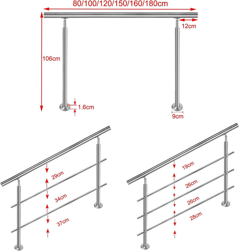 NAIZY Edelstahl-Handlauf Geländer Treppengeländer mit 2 Pfosten für Balkon Treppen Innen und Aussen