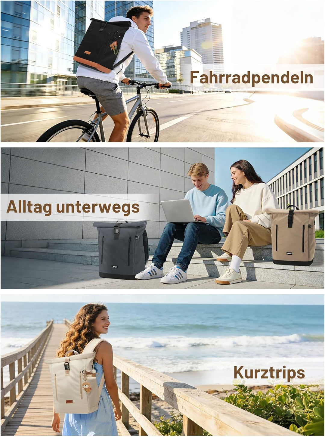 Rucksack Damen & Herren, 24-30L Rolltop Rucksack Laptoprucksack mit 17 Zoll Laptopfach & USB Anschlu