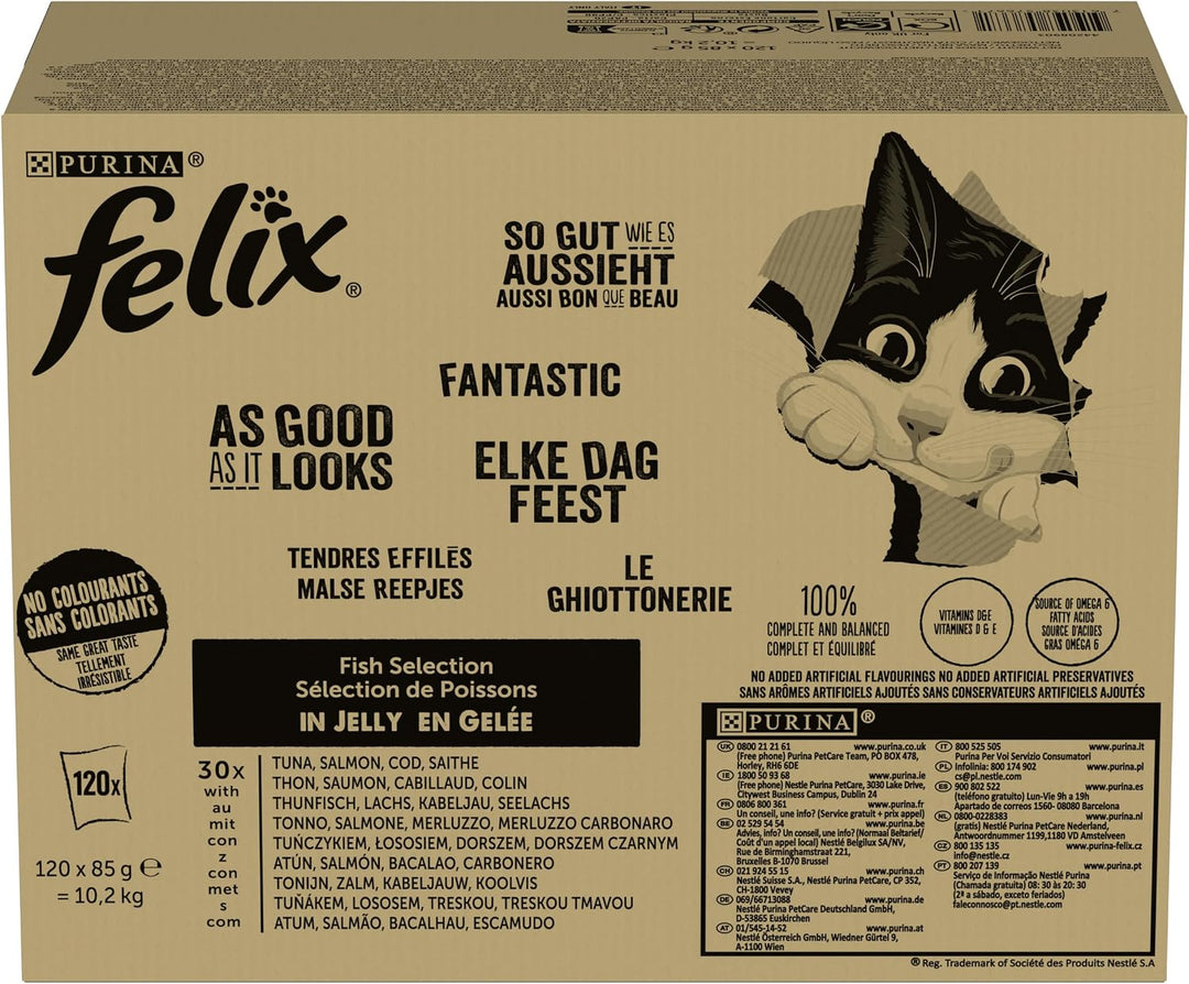 FELIX So gut wie es aussieht Katzenfutter nass in Gelee, Fisch Sorten-Mix, 120er Pack (120 x 85g)