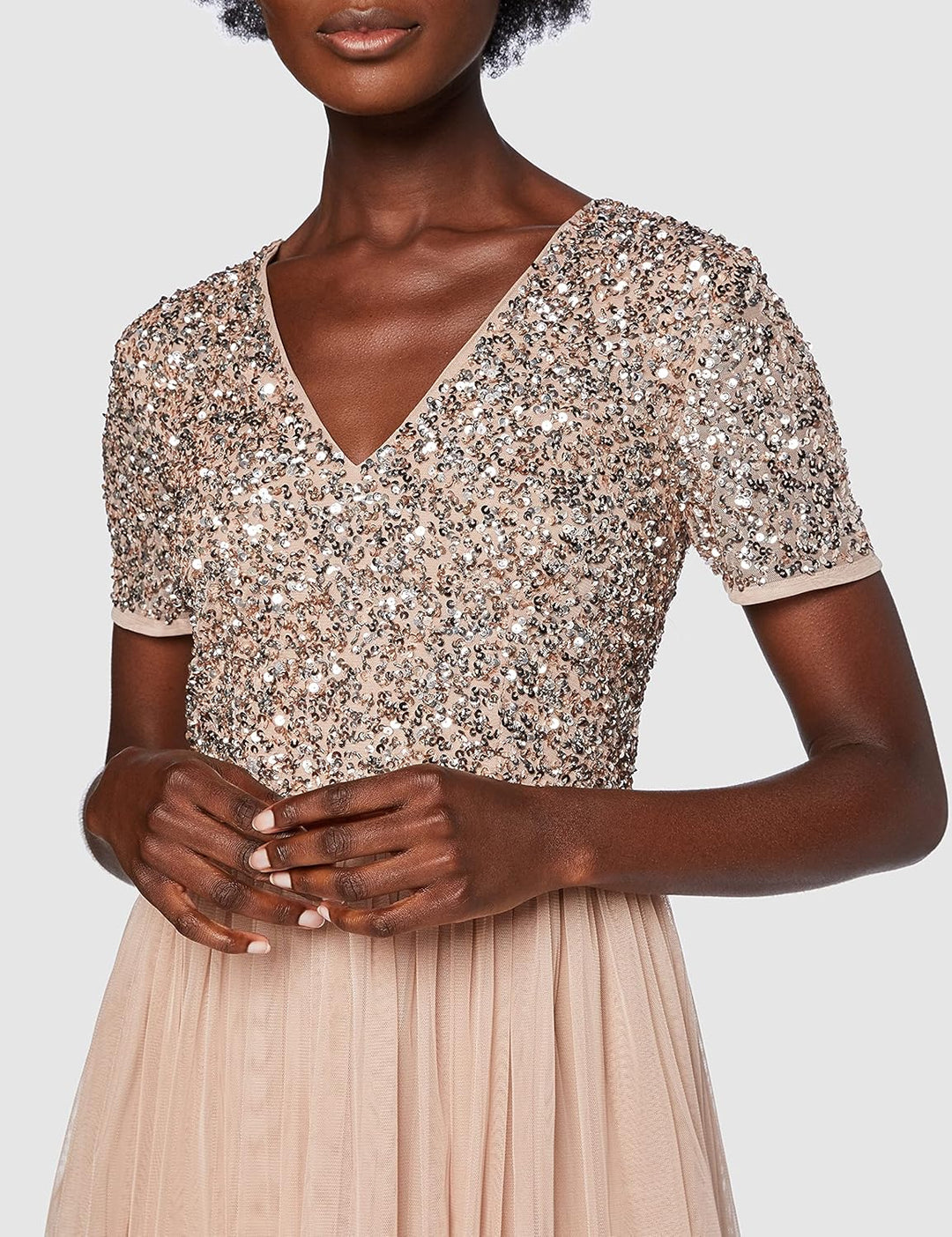 Maya Deluxe Damen Midi-Kleid mit V-Ausschnitt, Verziert Brautjungfernkleid Taupe Blush 42, Taupe Blu