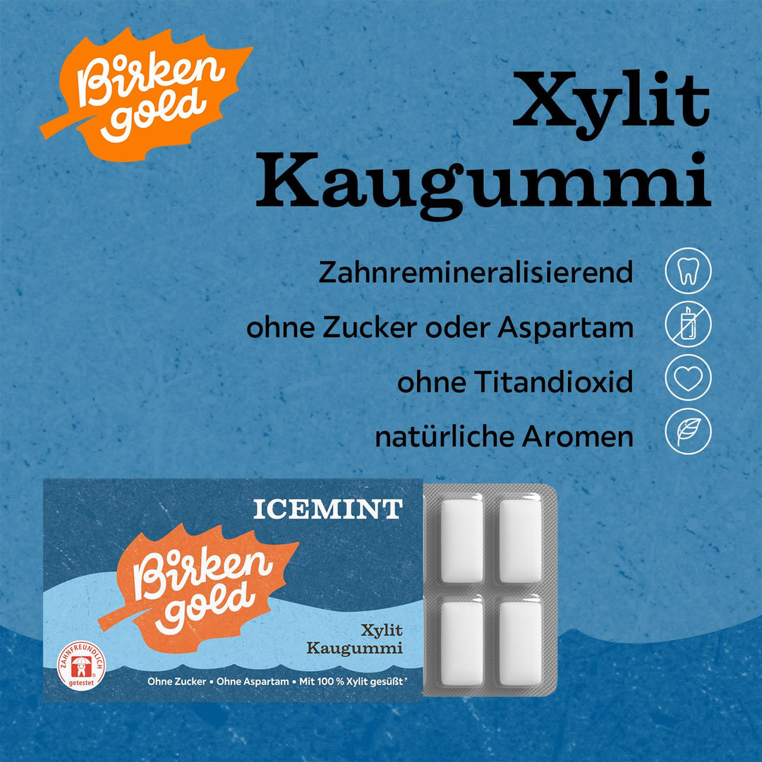 Birkengold Xylit Kaugummi Icemint | 24 Stk. Blister | Zahnpflege-Kaugummi | zuckerfrei | hoher Xylit