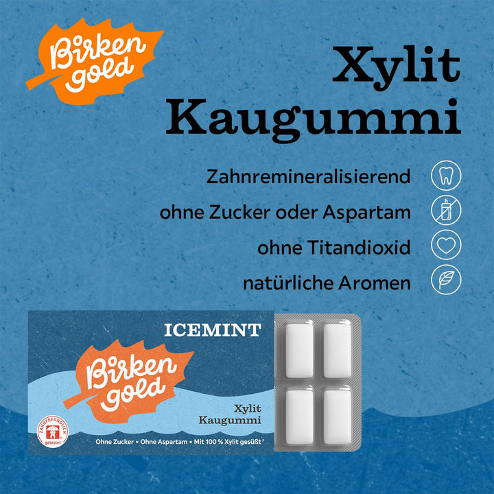 Birkengold Xylit Kaugummi Icemint | 24 Stk. Blister | Zahnpflege-Kaugummi | zuckerfrei | hoher Xylit