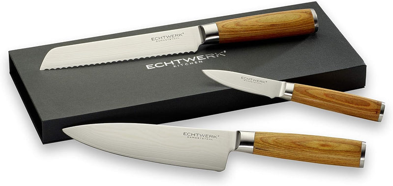 Echtwerk Damastmesser Set 3 teilig, Küchenmesser, Damaszener, Messer mit Holzgriff, Braun/Silber, 36