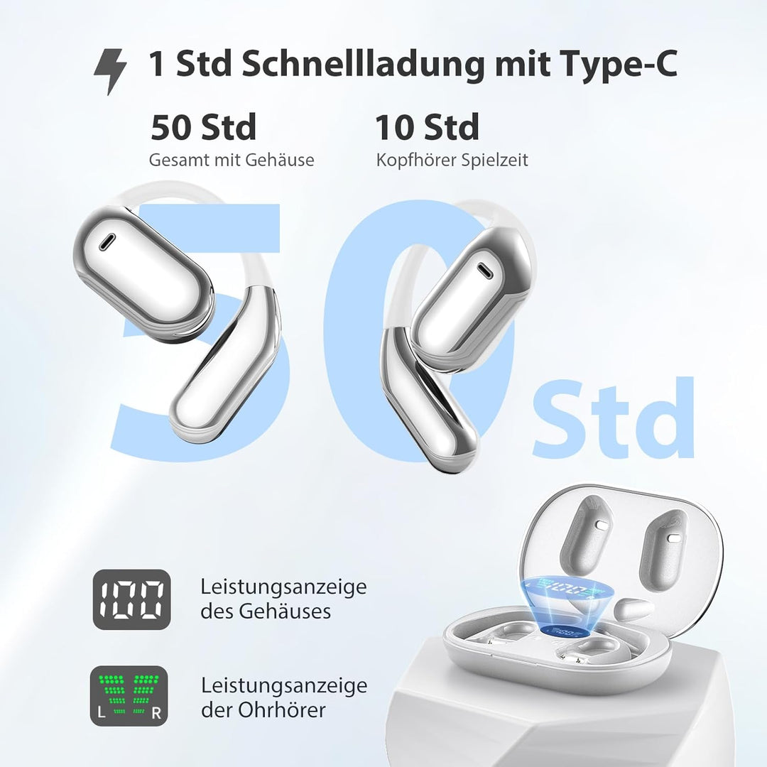 EUQQ Open Ear Kopfhörer 50 Std Kabellos Bluetooth 6.1 HiFi Kopfhörer mit Flexiblem Ohrhaken 4 ENC Mi