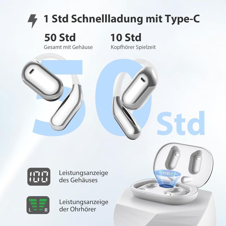 EUQQ Open Ear Kopfhörer 50 Std Kabellos Bluetooth 6.1 HiFi Kopfhörer mit Flexiblem Ohrhaken 4 ENC Mi