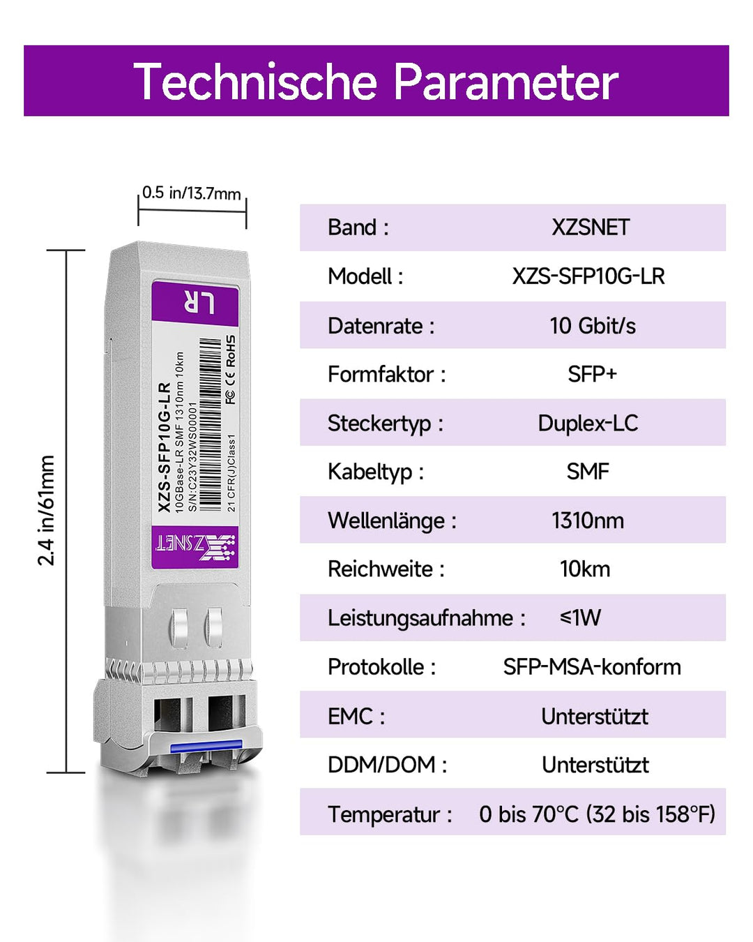 10GBASE-LR SFP+ Transceiver, 10G SFP+ zu LC Singlemode Fiber Modul für Cisco SFP-10G-LR, Ubiquiti Un