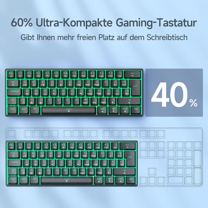 TMKB T61SE Gaming Mechanische Tastatur mit Deutsches QWERTZ Layout,Blauer Schalter,Schwarz QWERTZ La