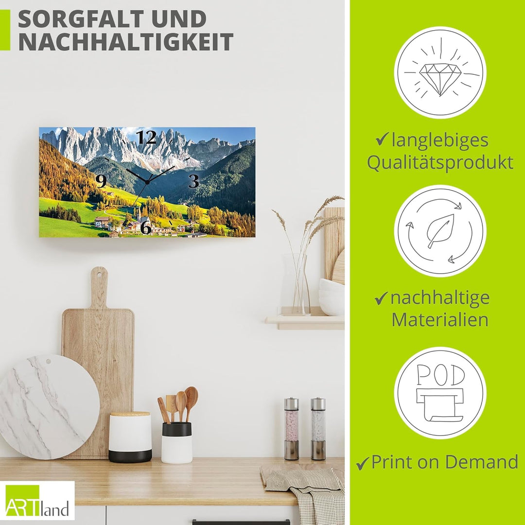 ARTLAND Wanduhr ohne Tickgeräusche Alu Quarzuhr lautlos 60x30 cm Rechteckig Landschaftsbilder Natur