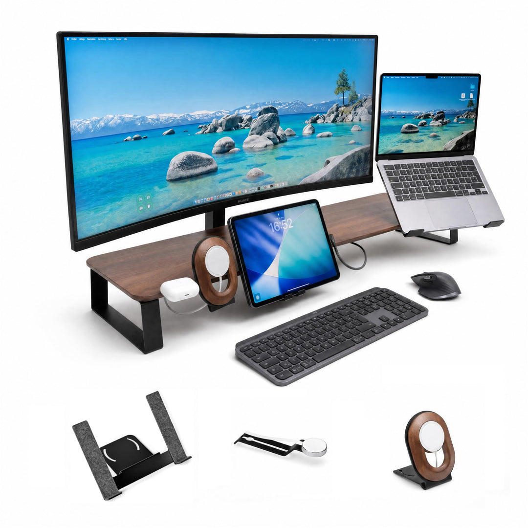 Monitorständer Desk Shelf 120 cm Walnuss | Monitorerhöhung Holz mit modularem Schienensystem | Schre