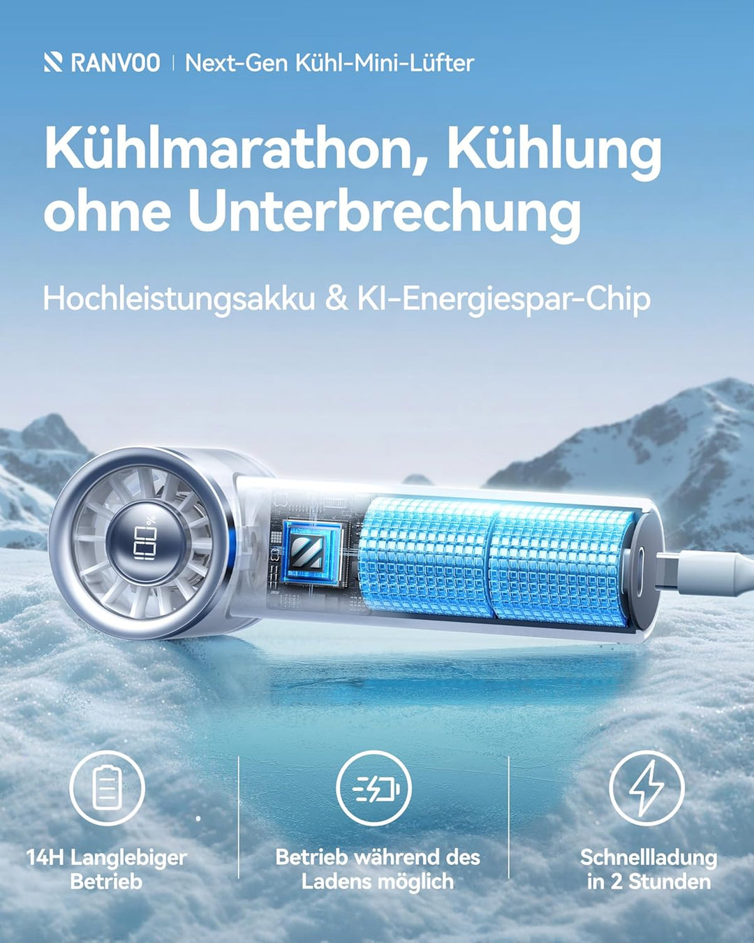 RANVOO 2025 Mini & Leistungsstarker Turbo 100 Geschwindigkeiten Kühlender Handventilator, Wiederaufl