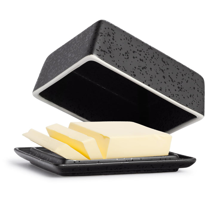 Coral - Butterdose Keramik in Schwarz für 250g Butter (14x12x6,5cm) - Design Butterschale & Butterbo