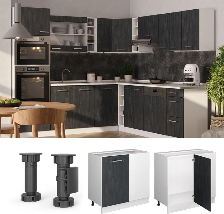 Vicco Eckunterschrank R-Line, Schwarz Beton/Weiss, 86 cm ohne Arbeitsplatte Schwarz Beton Eckuntersc