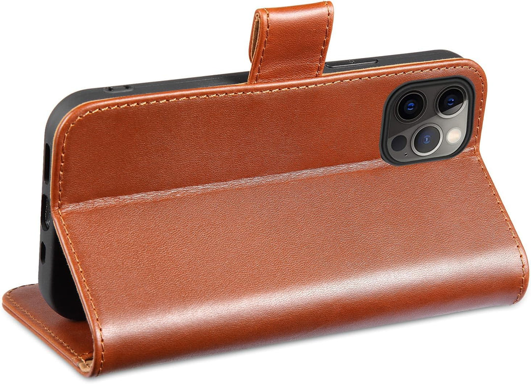 LENSUN Echtleder Hülle für iPhone 12, iPhone 12 Pro Handyhülle Echtes Leder Etui [Kartenfach][RFID B