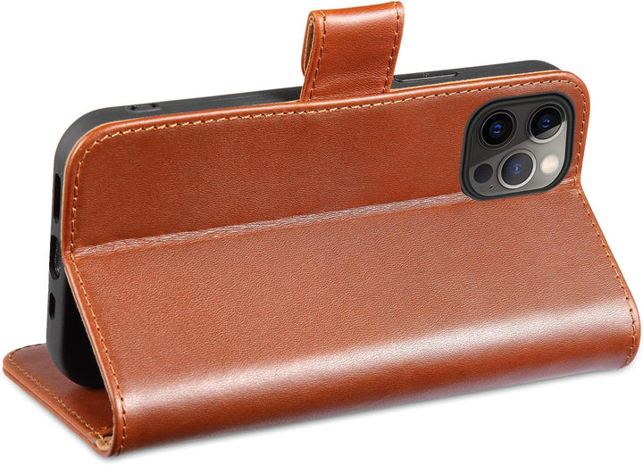 LENSUN Echtleder Hülle für iPhone 12, iPhone 12 Pro Handyhülle Echtes Leder Etui [Kartenfach][RFID B