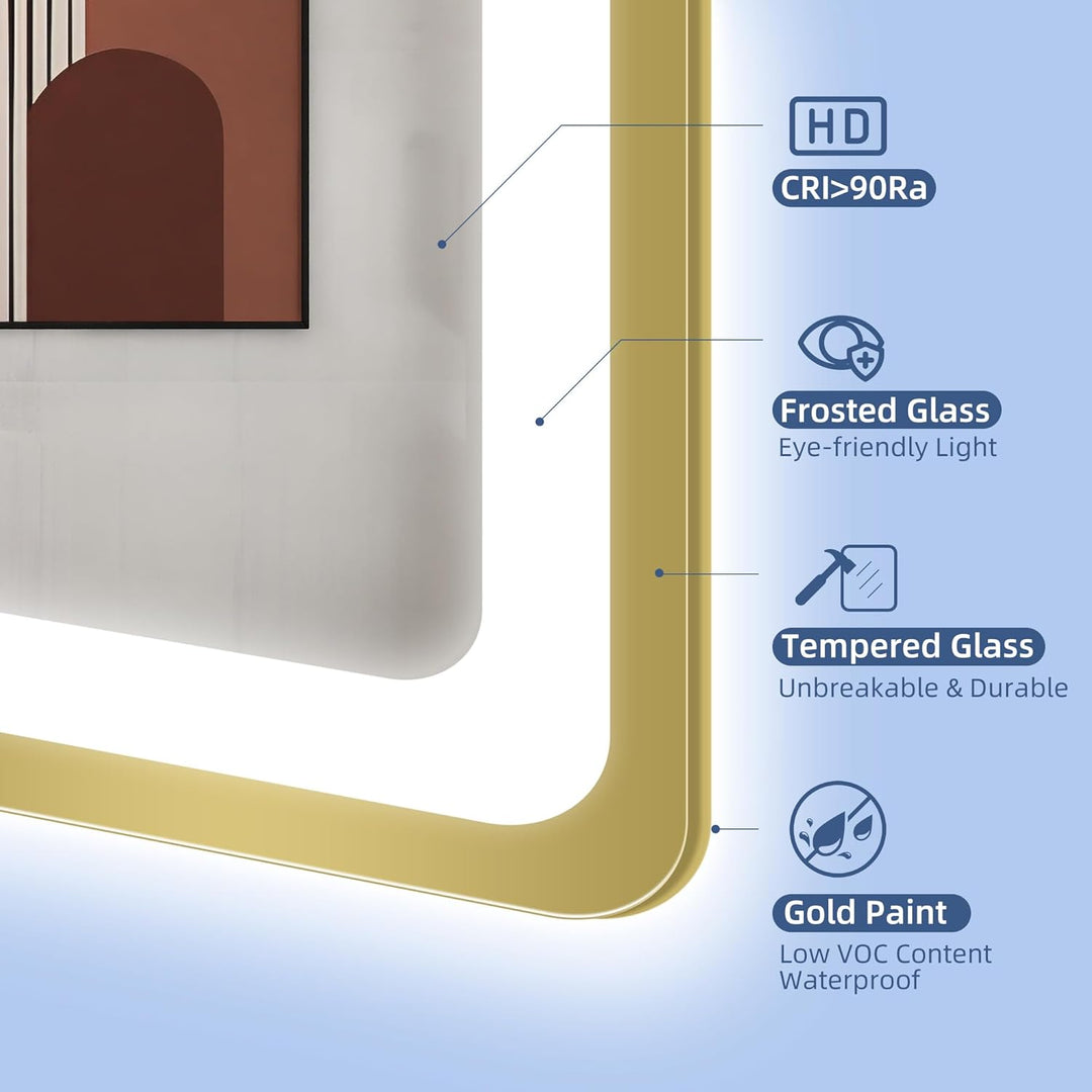 STARLEAD 100x70cm Golden LED-Badspiegel-mit-Beleuchtung und Bluetooth, Entfoggen, Dimmbar, 3 Lichtfa